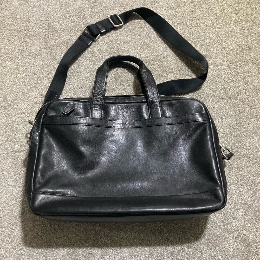 COACH  HAMILTON PEBBLE LEATHER BRIEFCASE BAG SHOULDER STRAP BLACK DOUBLE ZIP